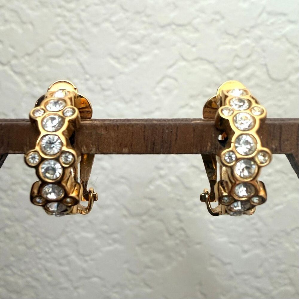 Vintage Swarovski Signed Gold Tone Clear Crystal Half Hoop Clip On Earrings